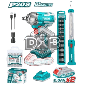 20V cordless 2-piece combo kit with brushless impact wrench, LED work lamp, batteries, charger, and socket set