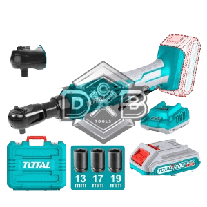 20V cordless 3/8 inch drive ratchet with battery, charger, and socket set